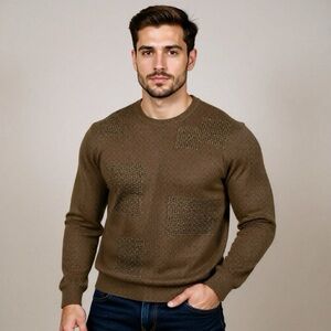 IZOD Sweater Mens Large Brown Pullover Merino Wool Blend Stretchy Crew Neck